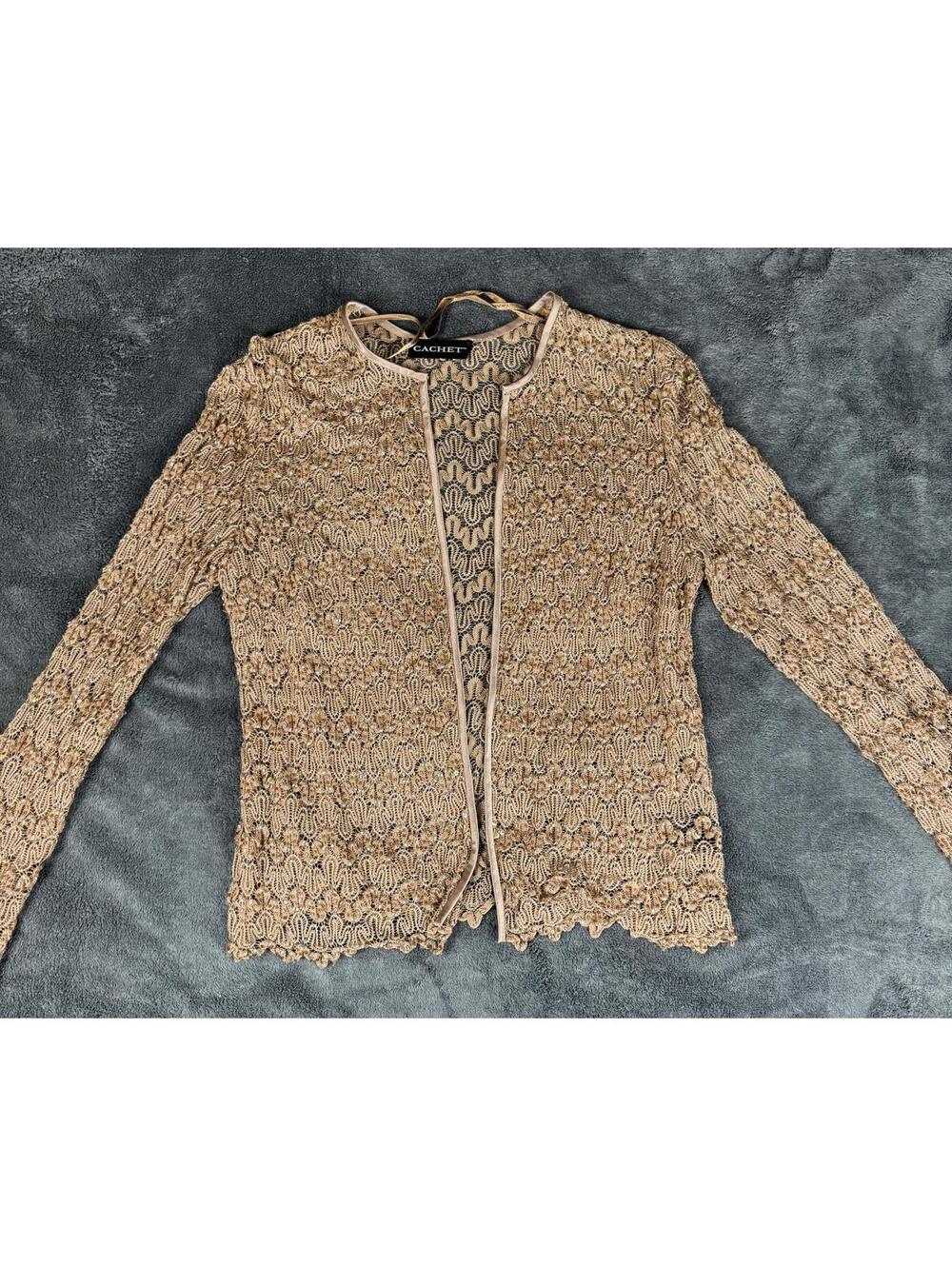 Cachet Women's Evening Dress with Beaded Metallic Lace Cardigan Size 14W Gold